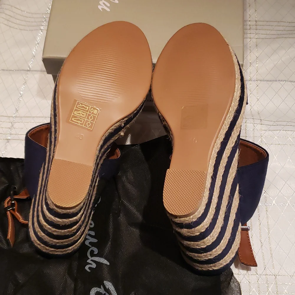 French Blu NEW Wedge Espadrille Platform Sandal NIB Navy Tan Women's 40